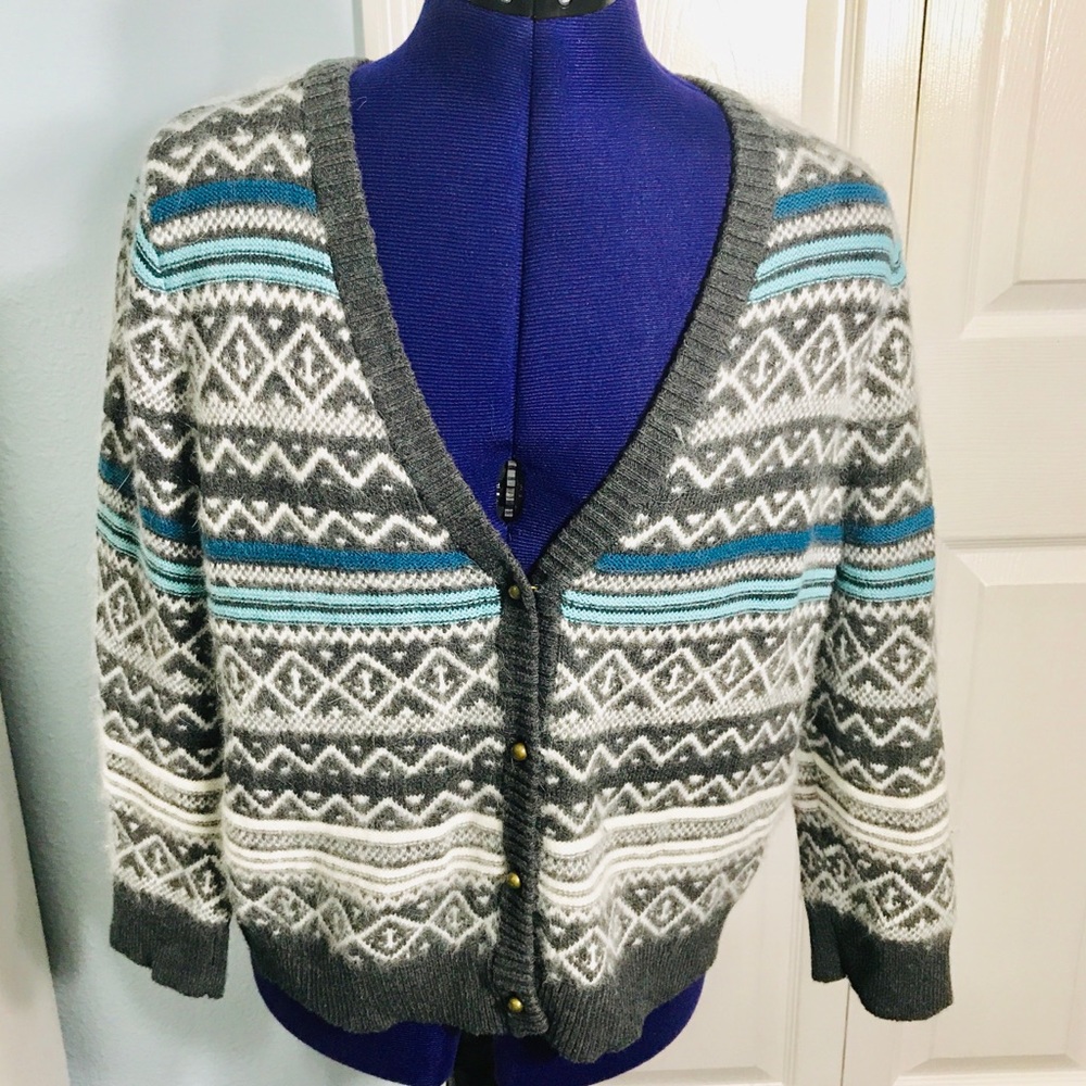 Lands End Gray, Teal & White Fair Isle Angora Blend Cardigan Sweater Size Medium